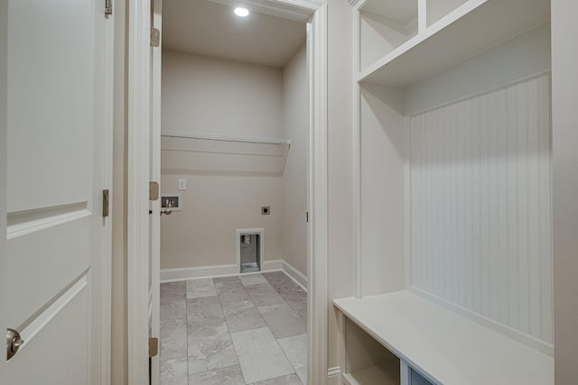 laundry area featuring hookup for an electric dryer, baseboards, recessed lighting, and light marble finish flooring