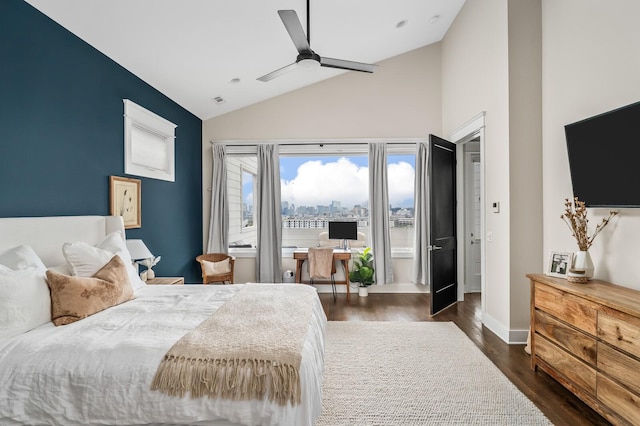 3118 Trevor St, Nashville, TN 37209 - bedroom featuring a ceiling fan, high vaulted ceiling, baseboards, and dark wood-style floors