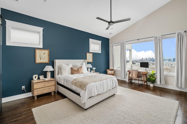 3118 Trevor St, Nashville, TN 37209 - bedroom featuring a ceiling fan, high vaulted ceiling, baseboards, and dark wood finished floors