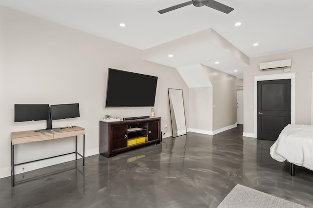 3118 Trevor St, Nashville, TN 37209 - bedroom featuring baseboards, a wall mounted air conditioner, recessed lighting, finished concrete flooring, and ceiling fan
