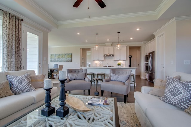 3021 Fanshaw Rd, Smyrna, TN 37167 - living area with recessed lighting, wood finished floors, crown molding, and ceiling fan
