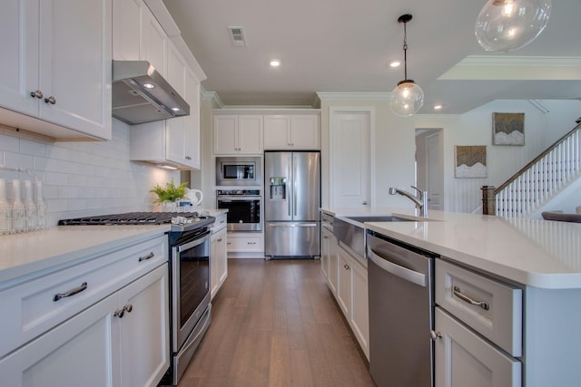 3021 Fanshaw Rd, Smyrna, TN 37167 - kitchen with a sink, extractor fan, decorative backsplash, appliances with stainless steel finishes, and visible vents