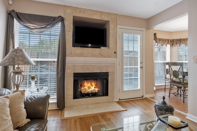 living area with baseboards, wood finished floors, and a premium fireplace
