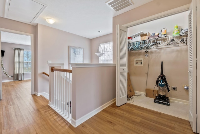 hall featuring visible vents, a wealth of natural light, wood finished floors, and attic access