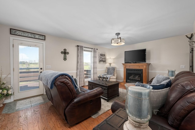 living room with a fireplace and wood finished floors