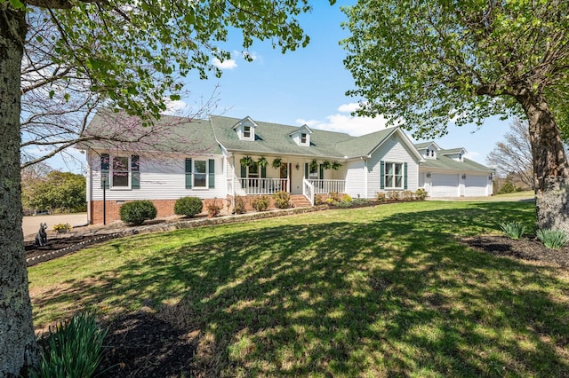 cape cod-style house featuring a porch, an attached garage, and a front lawn