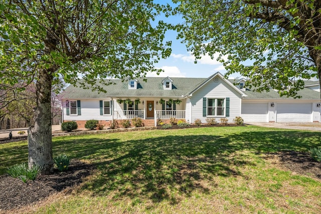 cape cod house with a shingled roof, a front yard, a porch, and a garage