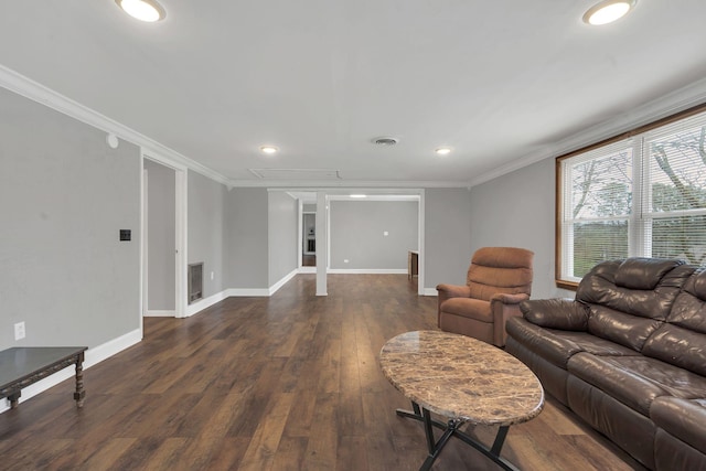 living room with baseboards, dark wood-style flooring, ornamental molding, and visible vents