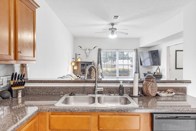 284 Meigs Dr Unit C21, Murfreesboro, TN 37128 - kitchen with ceiling fan, stainless steel dishwasher, visible vents, a sink, and dark countertops