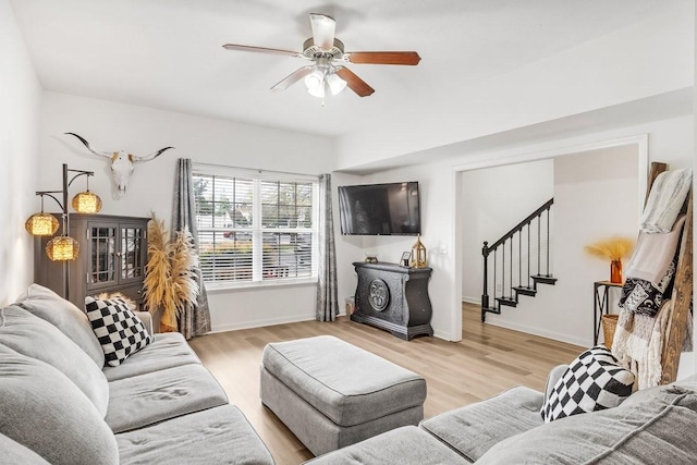 284 Meigs Dr Unit C21, Murfreesboro, TN 37128 - living area featuring stairs, ceiling fan, baseboards, and wood finished floors