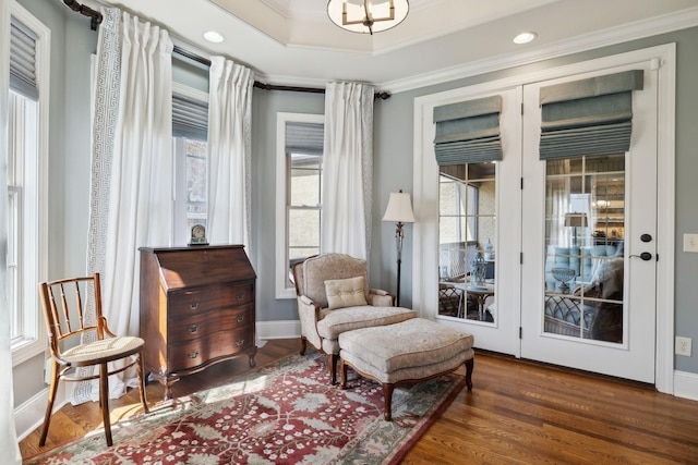 1194 Meadow Bridge Ln, Arrington, TN 37014 - living area with baseboards, wood finished floors, crown molding, and a raised ceiling