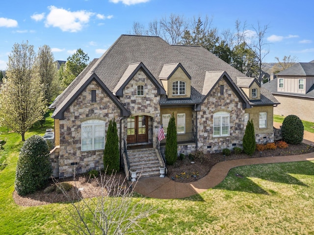 1194 Meadow Bridge Ln, Arrington, TN 37014 - french country style house with stone siding, french doors, a front lawn, a shingled roof, and crawl space