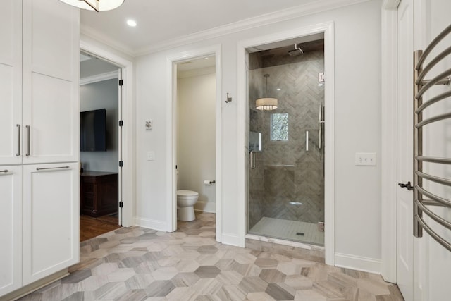 1194 Meadow Bridge Ln, Arrington, TN 37014 - bathroom featuring baseboards, ornamental molding, toilet, and a stall shower