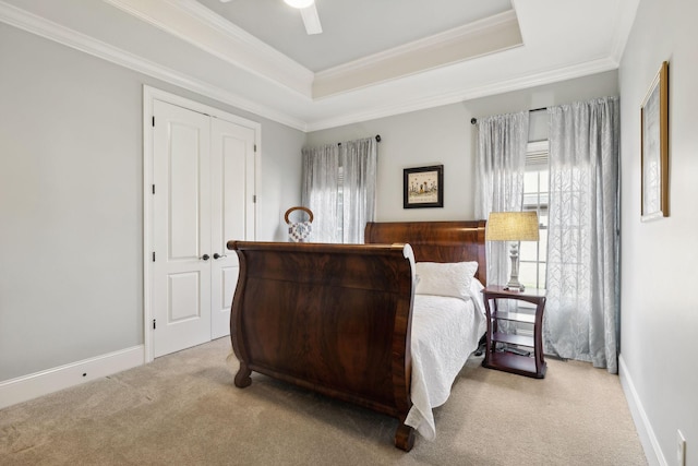 1194 Meadow Bridge Ln, Arrington, TN 37014 - bedroom with ornamental molding, baseboards, a raised ceiling, carpet floors, and a ceiling fan