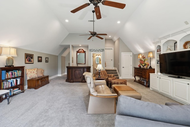 1194 Meadow Bridge Ln, Arrington, TN 37014 - living area featuring visible vents, baseboards, a ceiling fan, light carpet, and vaulted ceiling