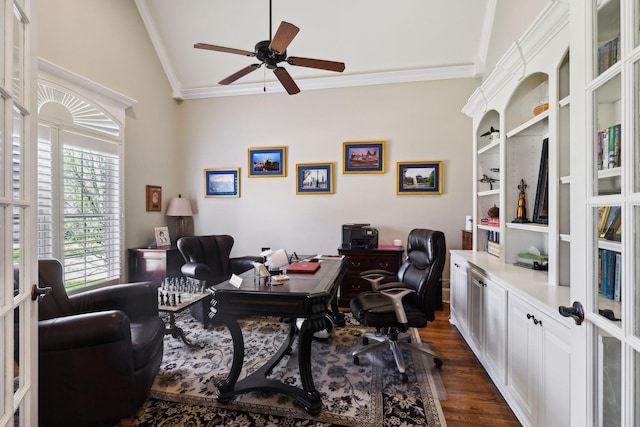 1194 Meadow Bridge Ln, Arrington, TN 37014 - home office with dark wood finished floors, lofted ceiling, ceiling fan, and ornamental molding