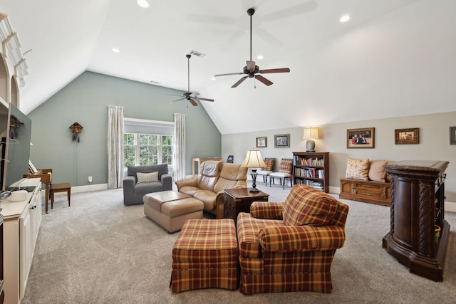 1194 Meadow Bridge Ln, Arrington, TN 37014 - carpeted living area featuring baseboards, visible vents, recessed lighting, and vaulted ceiling