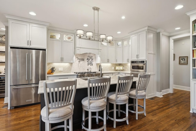 1194 Meadow Bridge Ln, Arrington, TN 37014 - kitchen with white cabinetry, light countertops, decorative backsplash, high quality fridge, and glass insert cabinets