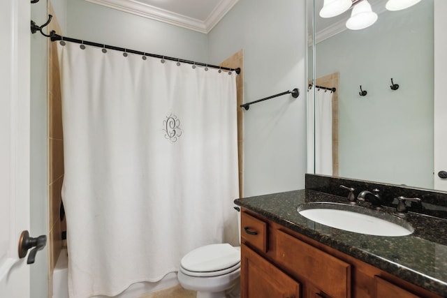 1194 Meadow Bridge Ln, Arrington, TN 37014 - full bathroom with vanity, shower / tub combo with curtain, toilet, and crown molding