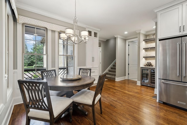1194 Meadow Bridge Ln, Arrington, TN 37014 - dining room with crown molding, wine cooler, stairway, a chandelier, and dark wood-style flooring