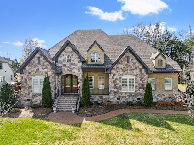 1194 Meadow Bridge Ln, Arrington, TN 37014 - french country style house featuring french doors, stone siding, a front yard, and crawl space