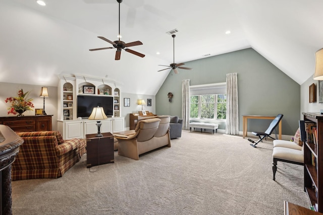 1194 Meadow Bridge Ln, Arrington, TN 37014 - living room featuring vaulted ceiling, recessed lighting, carpet, ceiling fan, and visible vents