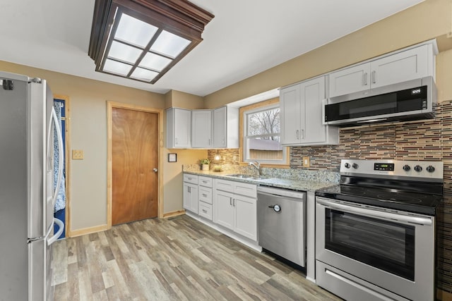 kitchen with white cabinets, a sink, backsplash, and appliances with stainless steel finishes