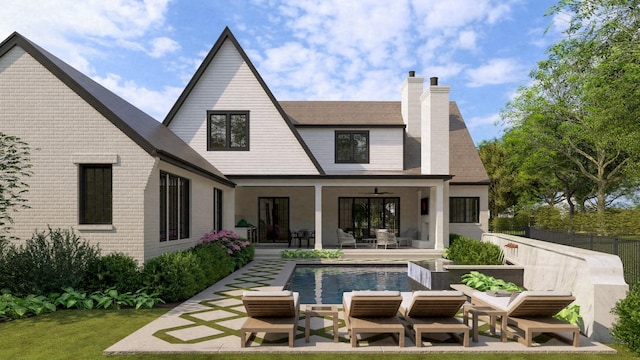 1352 Duncanwood Ct, Nashville, TN 37204 - back of house featuring a patio area, a chimney, an outdoor hangout area, outdoor dining space, and an outdoor pool