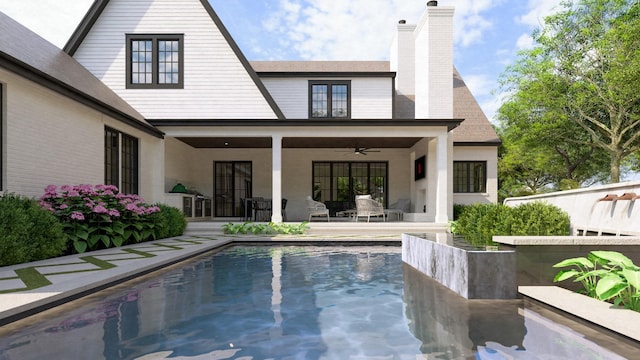1352 Duncanwood Ct, Nashville, TN 37204 - back of property featuring a chimney, an outdoor pool, ceiling fan, and a patio
