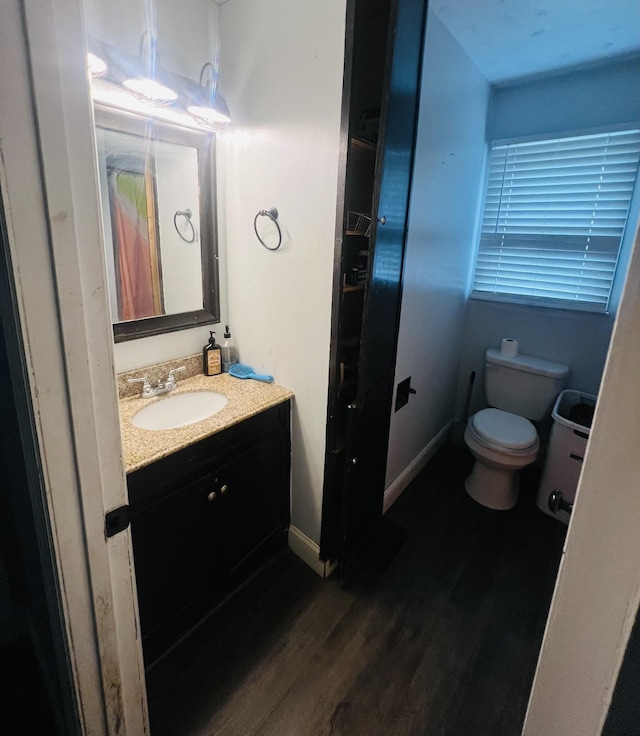 bathroom featuring toilet, vanity, baseboards, and wood finished floors