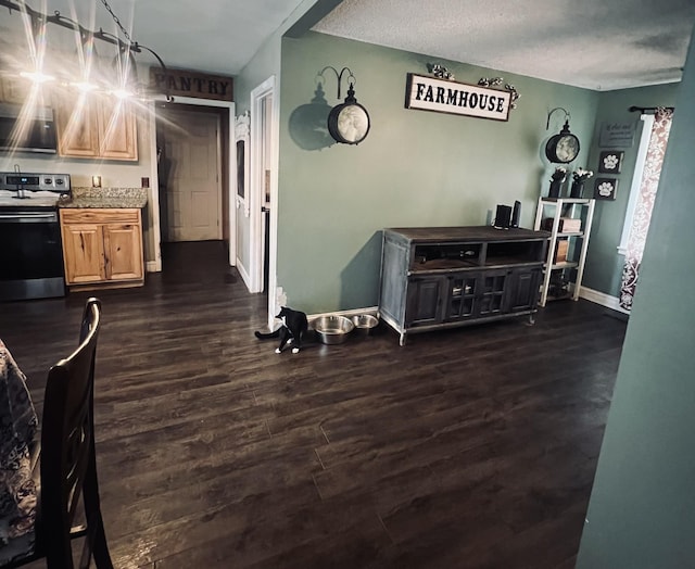 interior space featuring dark wood-style flooring, baseboards, and a textured ceiling