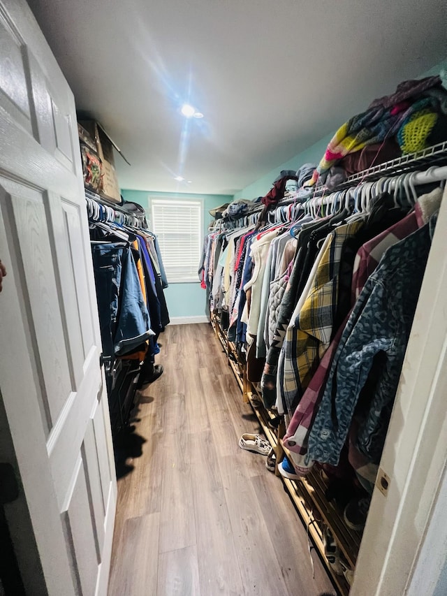 walk in closet with wood finished floors