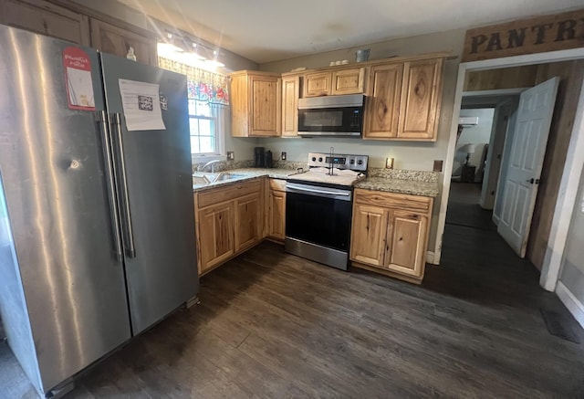 kitchen with a sink, appliances with stainless steel finishes, light stone counters, and dark wood finished floors
