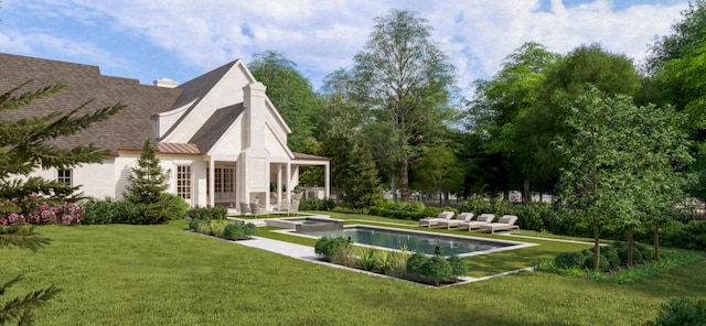 1117 Granny White Ct, Nashville, TN 37204 - rear view of property with an outdoor pool, a standing seam roof, a lawn, a shingled roof, and a patio area