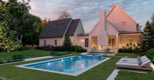1117 Granny White Ct, Nashville, TN 37204 - back of property at dusk featuring a pool with connected hot tub, a standing seam roof, a chimney, metal roof, and a yard