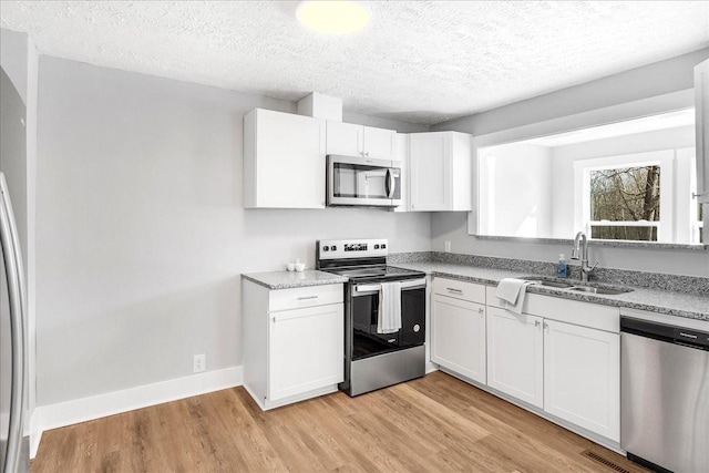 kitchen with light wood finished floors, white cabinets, a sink, and stainless steel appliances