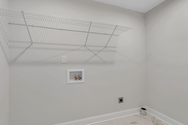 laundry area with laundry area, washer hookup, marble finish floor, hookup for an electric dryer, and baseboards