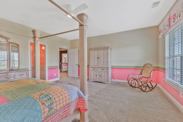 1531 Pumpkin Ridge Ct, Nolensville, TN 37135 - bedroom with decorative columns, baseboards, visible vents, a ceiling fan, and light carpet