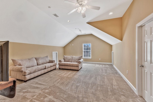 1531 Pumpkin Ridge Ct, Nolensville, TN 37135 - carpeted living room with a ceiling fan, lofted ceiling, baseboards, visible vents, and recessed lighting