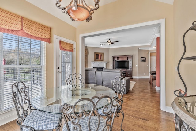 1531 Pumpkin Ridge Ct, Nolensville, TN 37135 - dining area with a ceiling fan, ornamental molding, a fireplace, and wood finished floors