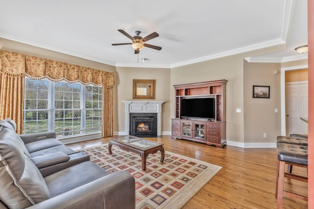 1531 Pumpkin Ridge Ct, Nolensville, TN 37135 - living area with crown molding, a lit fireplace, baseboards, light wood-style floors, and ceiling fan