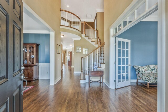 1531 Pumpkin Ridge Ct, Nolensville, TN 37135 - entryway with stairway, crown molding, and dark wood finished floors