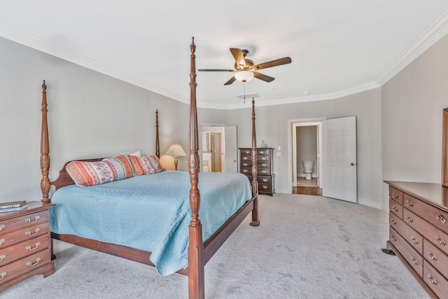 1531 Pumpkin Ridge Ct, Nolensville, TN 37135 - carpeted bedroom featuring ensuite bathroom, visible vents, baseboards, ornamental molding, and ceiling fan