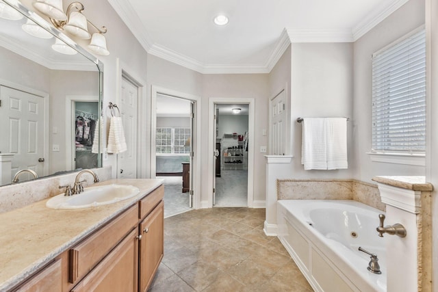 1531 Pumpkin Ridge Ct, Nolensville, TN 37135 - bathroom with crown molding, a jetted tub, a spacious closet, and vanity