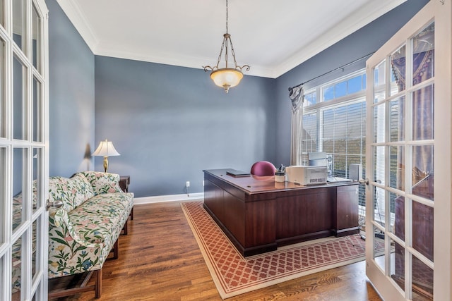 1531 Pumpkin Ridge Ct, Nolensville, TN 37135 - home office with baseboards, crown molding, wood finished floors, and french doors