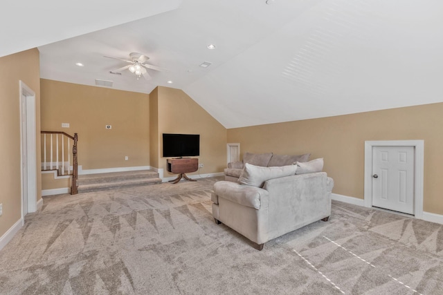 1531 Pumpkin Ridge Ct, Nolensville, TN 37135 - carpeted living area with a ceiling fan, lofted ceiling, baseboards, visible vents, and recessed lighting