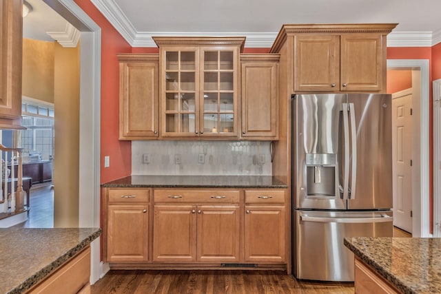 1531 Pumpkin Ridge Ct, Nolensville, TN 37135 - kitchen with glass insert cabinets, crown molding, dark wood-type flooring, and stainless steel refrigerator with ice dispenser