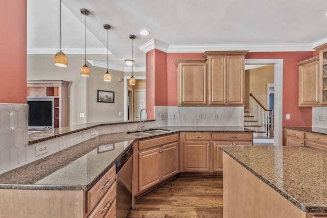 1531 Pumpkin Ridge Ct, Nolensville, TN 37135 - kitchen featuring stainless steel dishwasher, dark stone countertops, a sink, and dark wood-style flooring