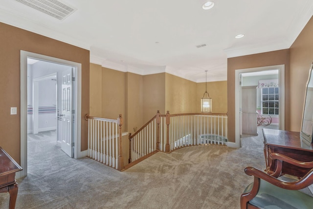 1531 Pumpkin Ridge Ct, Nolensville, TN 37135 - corridor featuring carpet floors, an upstairs landing, visible vents, and crown molding