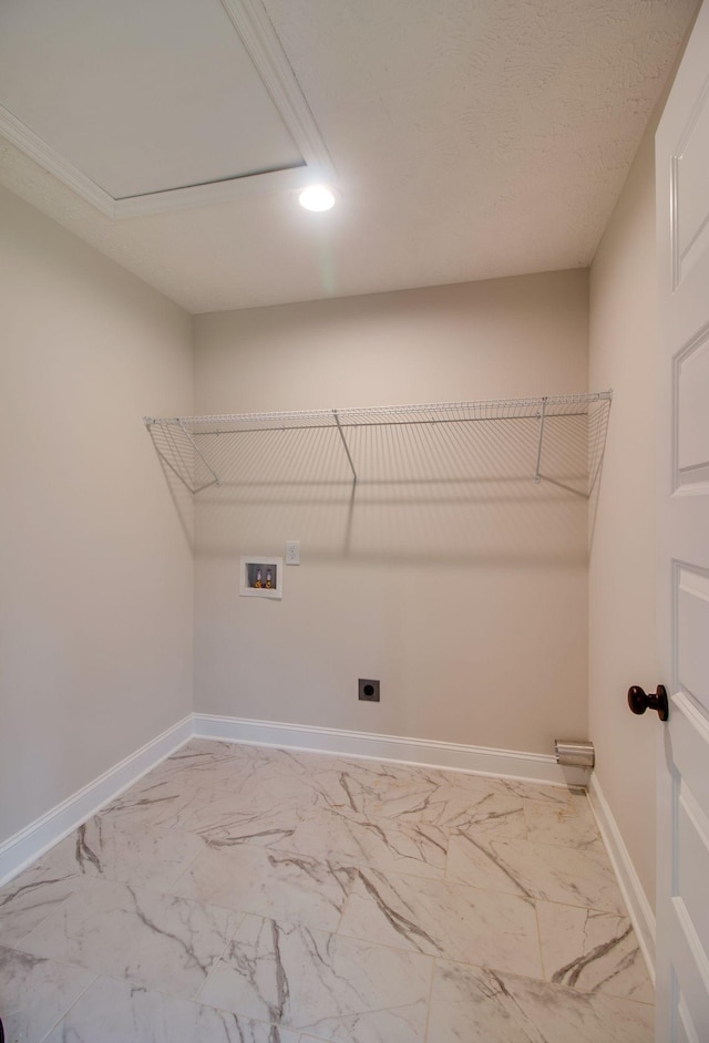 washroom featuring hookup for an electric dryer, baseboards, laundry area, hookup for a washing machine, and marble finish floor